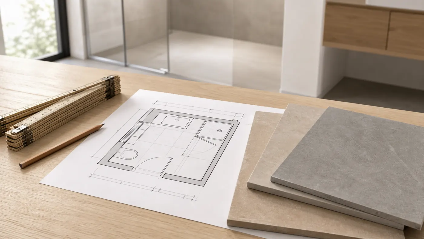 Badplanung mit Grundriss und Fliesenmustern