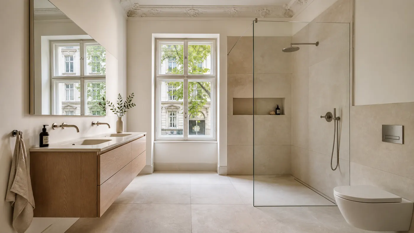 Badsanierung Charlottenburg-Wilmersdorf – saniertes Bad in einer Gründerzeitwohnung mit hoher Decke