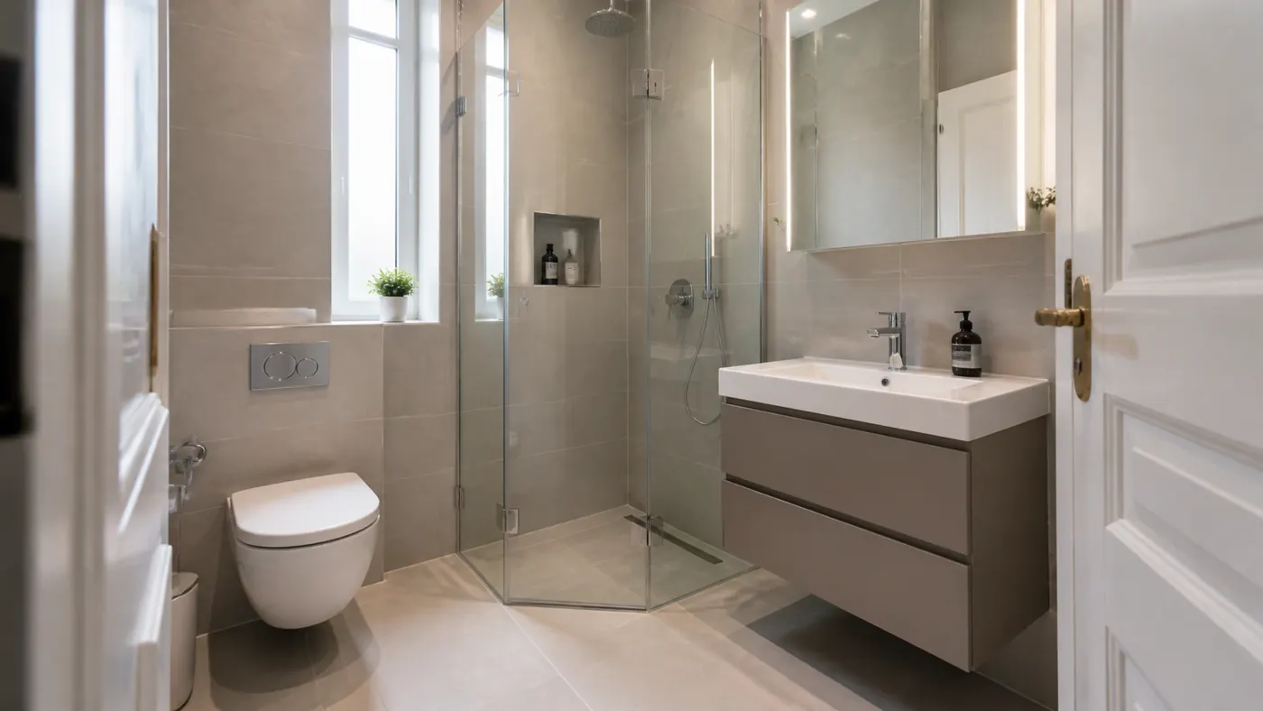 Badsanierung Mitte – kleines Altbaubad mit platzsparender Walk-in-Dusche