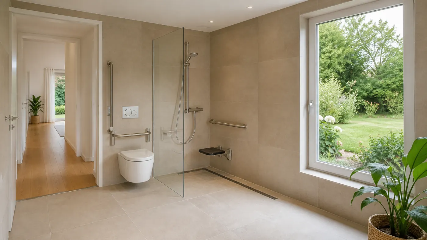 Barrierefreies Bad mit bodengleicher Dusche, Haltegriff und Duschsitz
