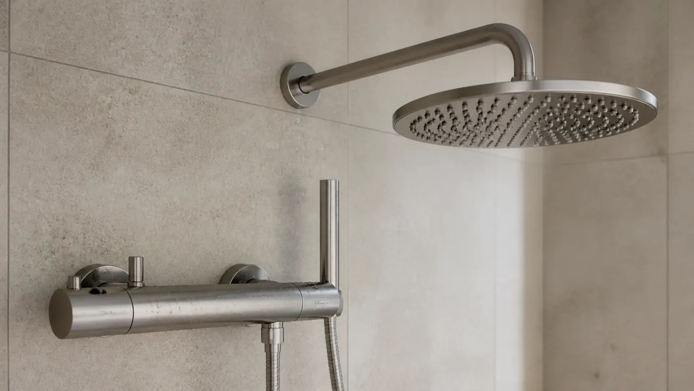 Moderne Unterputz-Armatur und Regendusche nach der Badsanierung