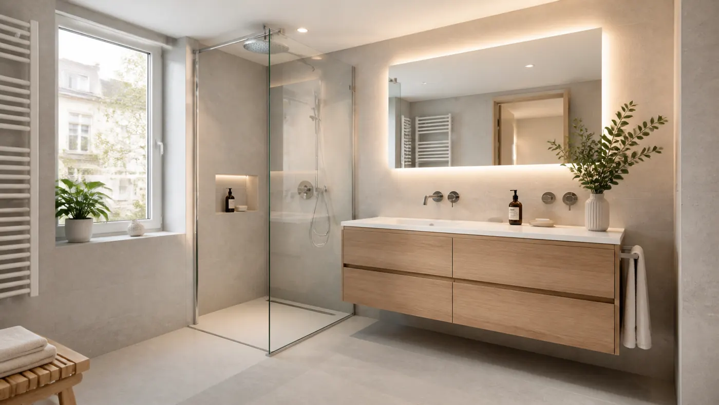 Badsanierung Berlin: modernes Badezimmer nach der Komplettsanierung mit bodengleicher Dusche