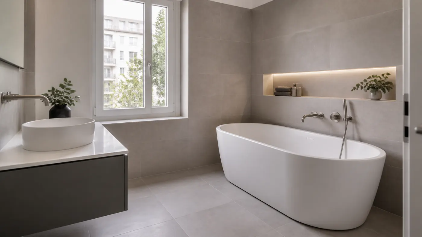 Beispielgestaltung: Bad mit Badewanne und großformatigen Fliesen (Symbolbild)
